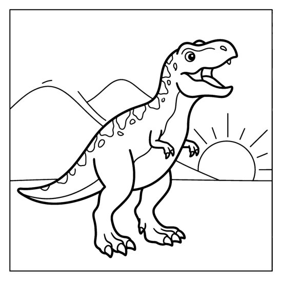 A tyrannosaurus rex raises its head in a gentle roar as the sun rises over hills, bold and easy