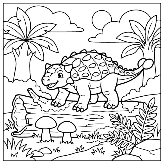 A young ankylosaurus with a tiny club tail stands by a mossy log and mushrooms, coloring page