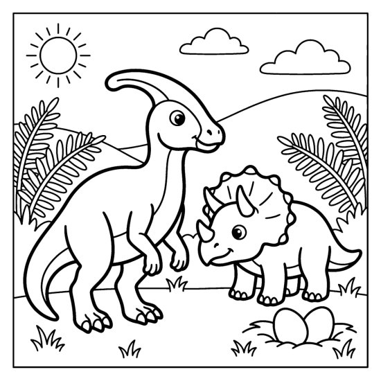 A parasaurolophus and a small triceratops stand by a nest of two eggs near ferns, bold and easy