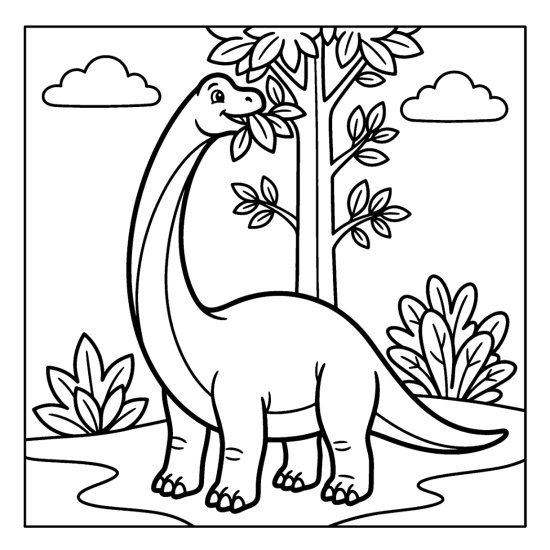 A long necked brachiosaurus reaches up to a tall tree among bushes and clouds, bold and easy