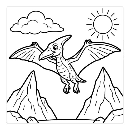 A pteranodon with both wings spread soars above two pointed cliffs and a sun, coloring page