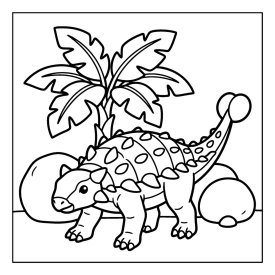 An armored ankylosaurus with a club tail stands low beside boulders and a palm, bold and easy