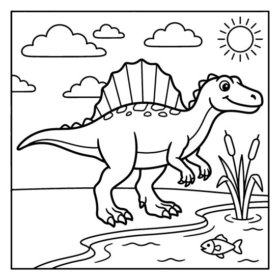 A sail backed spinosaurus stands by a river with a little fish and reeds, coloring sheet