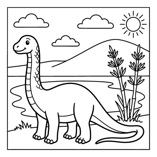 A long necked diplodocus stands beside a calm lake among horsetail reeds and a hill, bold and easy
