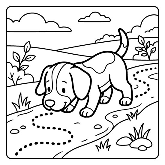 A dog noses along a dotted scent trail across the ground, bold and easy