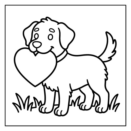 A dog stands carrying a big heart shape gently in its mouth, coloring sheet