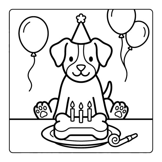 A dog in a party hat sits behind a bone shaped cake with candles, bold and easy