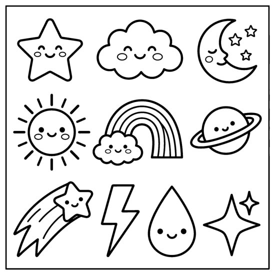 Smiling stars, a crescent moon, sun, rainbow, and ringed planet in a doodle grid, coloring page