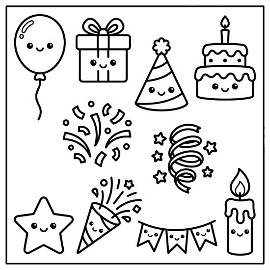 Balloon, gift, party hat, cake, and confetti in a cheerful celebration doodle set, coloring page