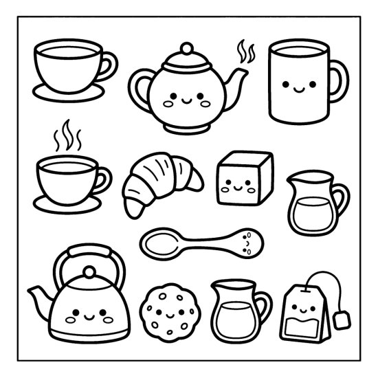 Coffee cup, teapot, mug, croissant, and kettle drawn as cozy drink doodles, coloring sheet