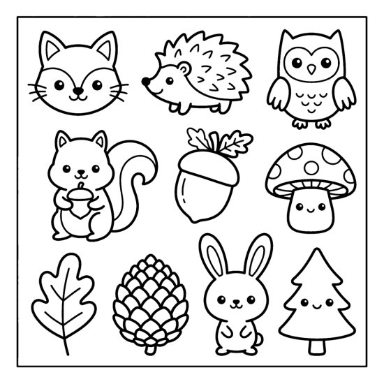 Fox, hedgehog, owl, squirrel, and bunny drawn as woodland animal doodles, bold and easy
