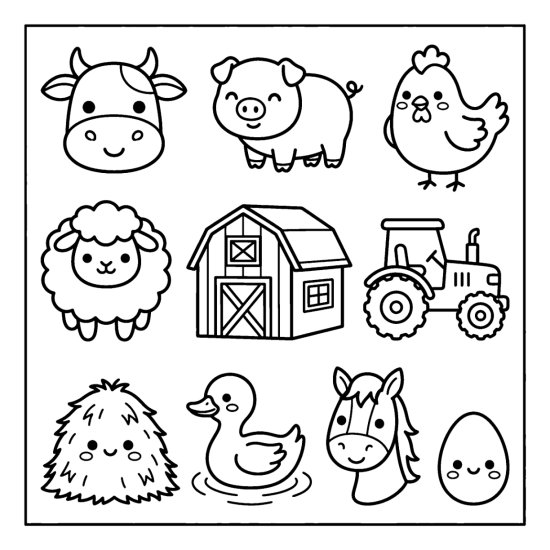 Cow, pig, chicken, sheep, and horse with a barn and tractor as farm doodles, coloring page