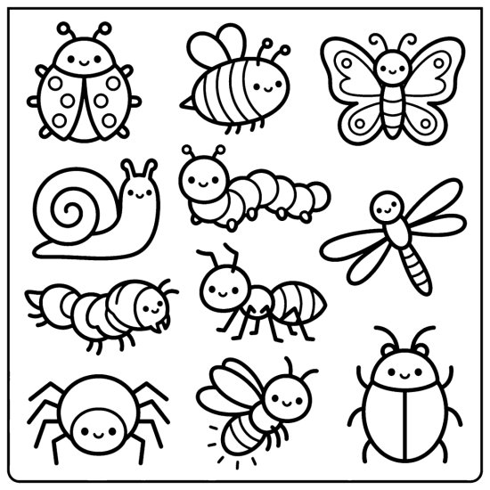 Ladybug, bee, butterfly, snail, and dragonfly drawn as garden bug doodles, coloring sheet