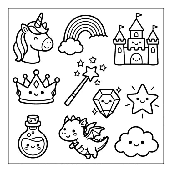 Unicorn, castle, crown, magic wand, dragon, and gem in a fantasy doodle set, coloring page