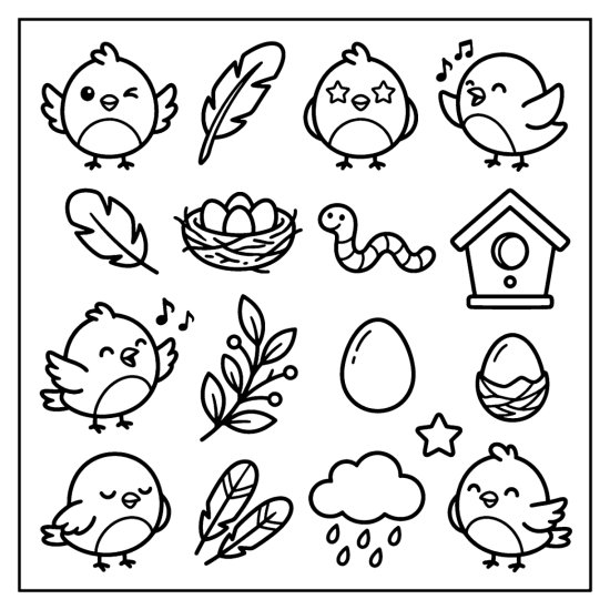 Round little birds with a nest, feather, worm, and birdhouse as bird doodles, bold and easy