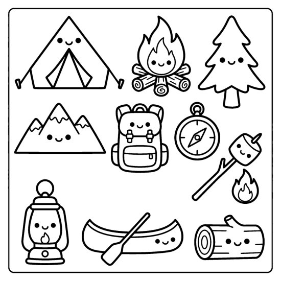 Tent, campfire, pine tree, backpack, compass, and canoe drawn as camping doodles, coloring sheet