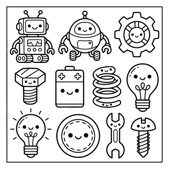 Two friendly robots with a gear, battery, spring, lightbulb, and wrench, coloring page