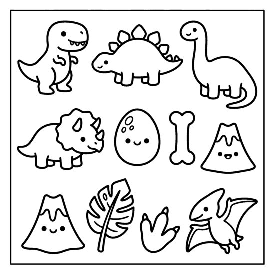 T-rex, stegosaurus, triceratops, and pterodactyl with an egg and volcano, coloring sheet