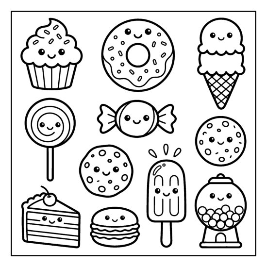 Cupcake, donut, ice cream, lollipop, and gumball machine as cute kawaii sweets, coloring sheet