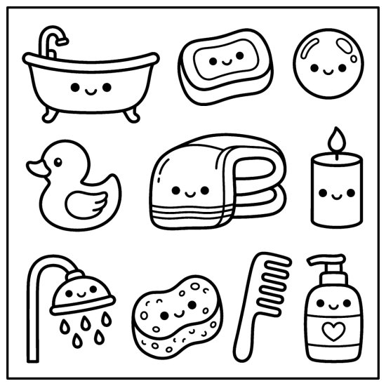 Bathtub, soap, rubber duck, towel, comb, and shower head drawn as bath doodles, bold and easy