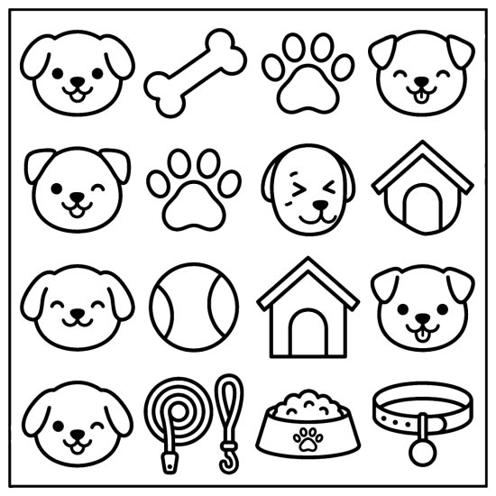 Smiling dog faces with a bone, paw print, ball, dog house, and collar, coloring page