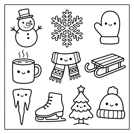 Snowman, snowflake, mitten, hot cocoa, scarf, and sled drawn as winter doodles, coloring sheet