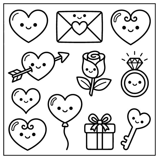 Hearts, an envelope, rose, ring, gift, and key drawn as sweet love doodles, coloring page
