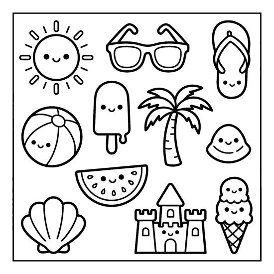 Sun, sunglasses, flip flop, beach ball, palm tree, and sandcastle as beach doodles, bold and easy