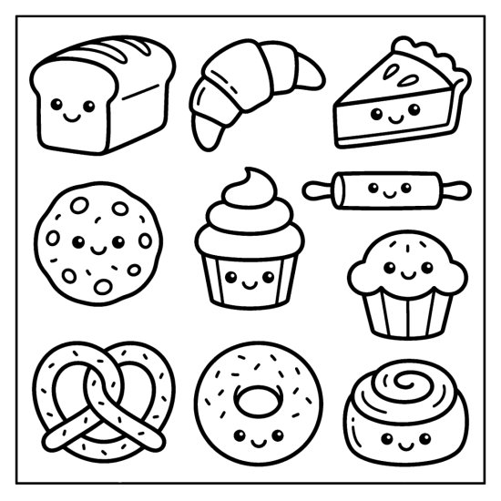 Bread, croissant, pie, cupcake, muffin, and cinnamon roll drawn as bakery doodles, coloring sheet