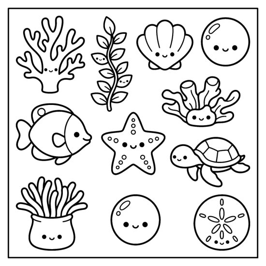 Coral, seaweed, clam, tropical fish, sea turtle, and sand dollar as reef doodles, coloring page