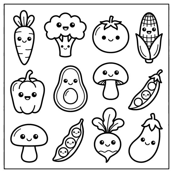 Carrot, broccoli, tomato, corn, avocado, and eggplant drawn as veggie doodles, coloring sheet