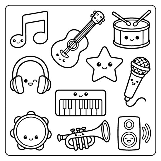 Guitar, drum, headphones, microphone, keyboard, and trumpet as music doodles, bold and easy
