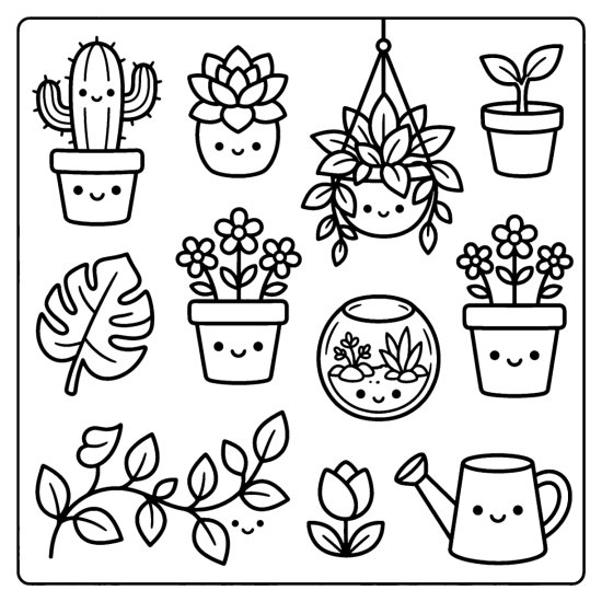 Cactus, succulent, hanging plant, monstera leaf, and watering can as plant doodles, coloring page
