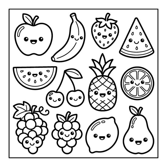 Apple, banana, pineapple, and grapes drawn as round smiling kawaii fruit, bold and easy