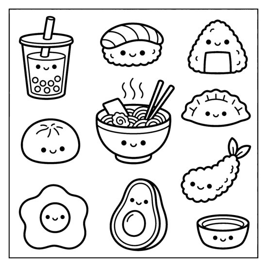 Boba tea, sushi, rice ball, ramen, dumpling, and shrimp tempura as food doodles, coloring sheet