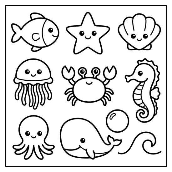 Fish, crab, whale, octopus, and seahorse drawn as cute smiling sea creatures, coloring page