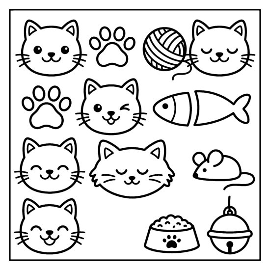 Six smiling cat faces with a paw print, yarn ball, mouse, and food bowl, coloring sheet