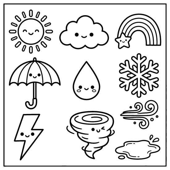 Sun, cloud, rainbow, snowflake, umbrella, and tornado drawn as weather doodles, coloring page