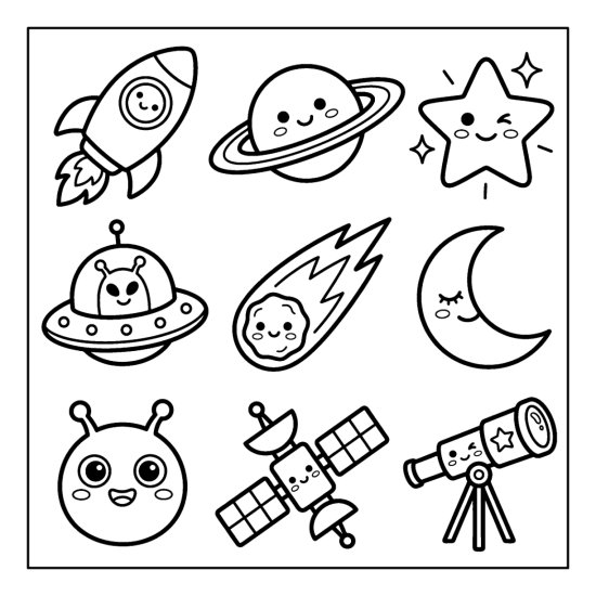 Rocket, ringed planet, UFO, alien, and satellite in a friendly space doodle set, bold and easy