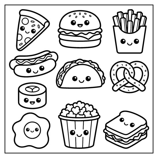 Pizza, burger, fries, hot dog, taco, and pretzel drawn as kawaii snacks, coloring sheet