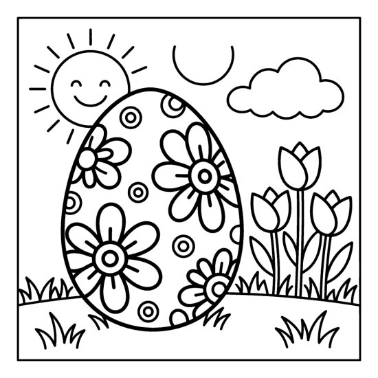 Single decorated Easter egg with a bold flower pattern standing in a grassy spring lawn coloring page
