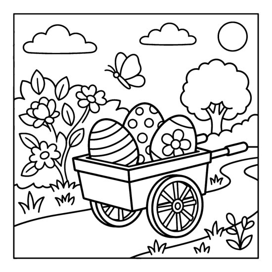 Small wooden cart carrying three decorated Easter eggs along a garden path, bold and easy