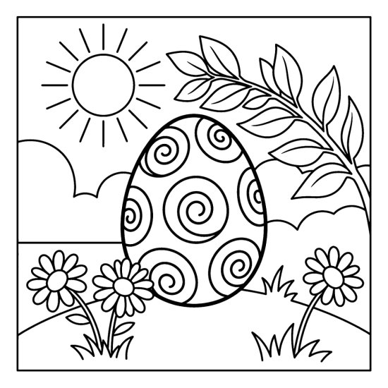 Easter egg decorated with bold spiral swirls standing upright on a grassy hill coloring page
