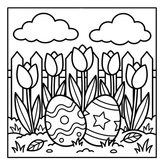Two decorated eggs resting among a row of tall tulips in front of a fence, coloring sheet