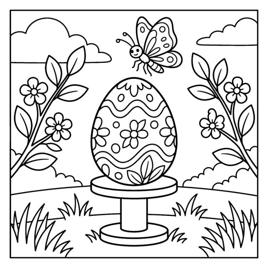 Decorated Easter egg displayed on a round pedestal stand framed by flowering branches coloring page