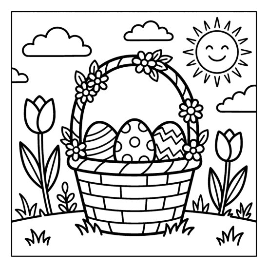 Tall Easter basket with a flower wrapped handle holding three patterned eggs, coloring sheet