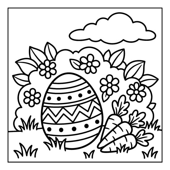 Large decorated Easter egg on the grass beside a small bunch of leafy carrots, bold and easy