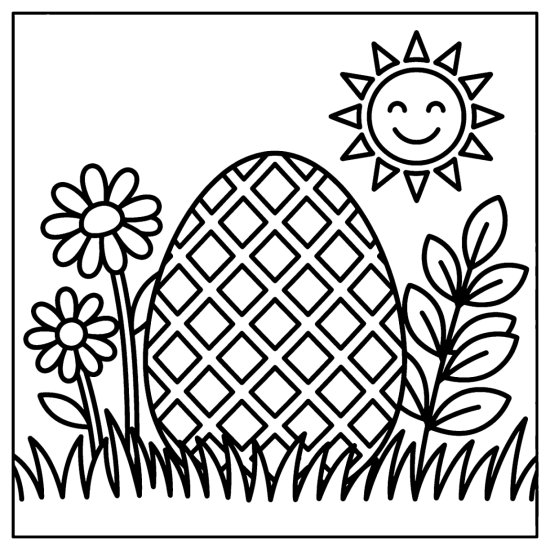 Single Easter egg covered in a bold lattice diamond pattern standing among daisies coloring page