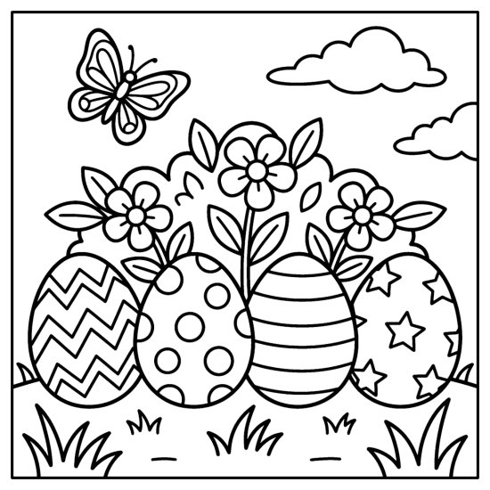 Four differently patterned Easter eggs lined up in a row along the grass, coloring sheet