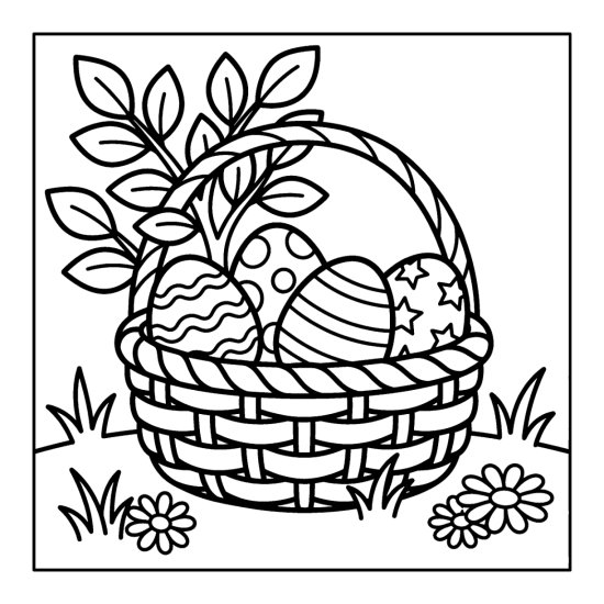 Woven basket filled with four patterned Easter eggs resting on grass beside daisies, coloring sheet